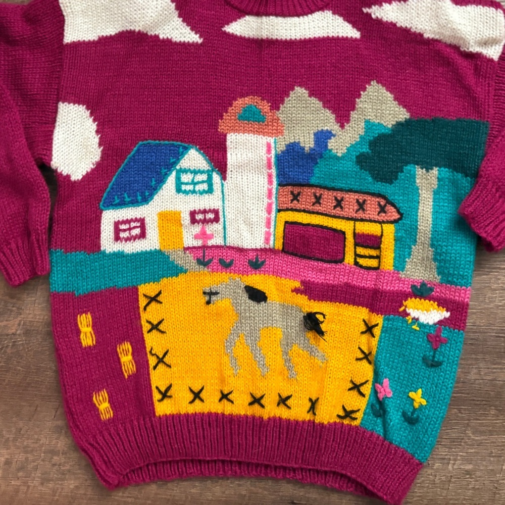 Vintage 80s WHITE STAG sweater knit farm scene folk art whimsical rare sz M EUC - Picture 2 of 16
